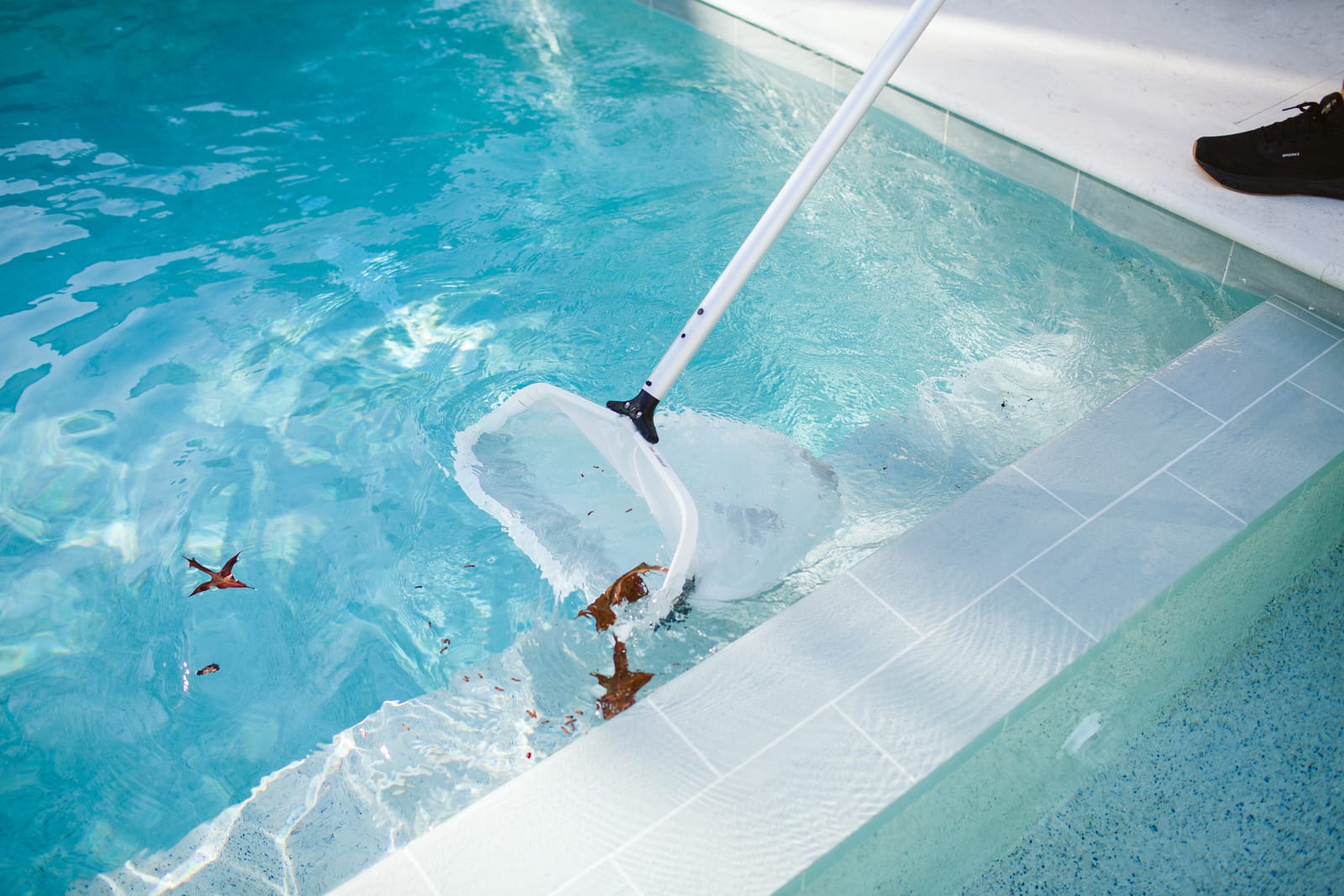 Leaf net skimming debris from a pool during a Bright Water service visit